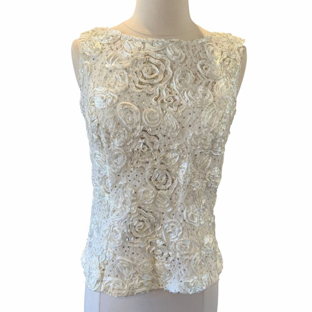 Vintage Alex Evenings Ivory Rosette Sequin Evening Top Size M - Picture 7 of 8